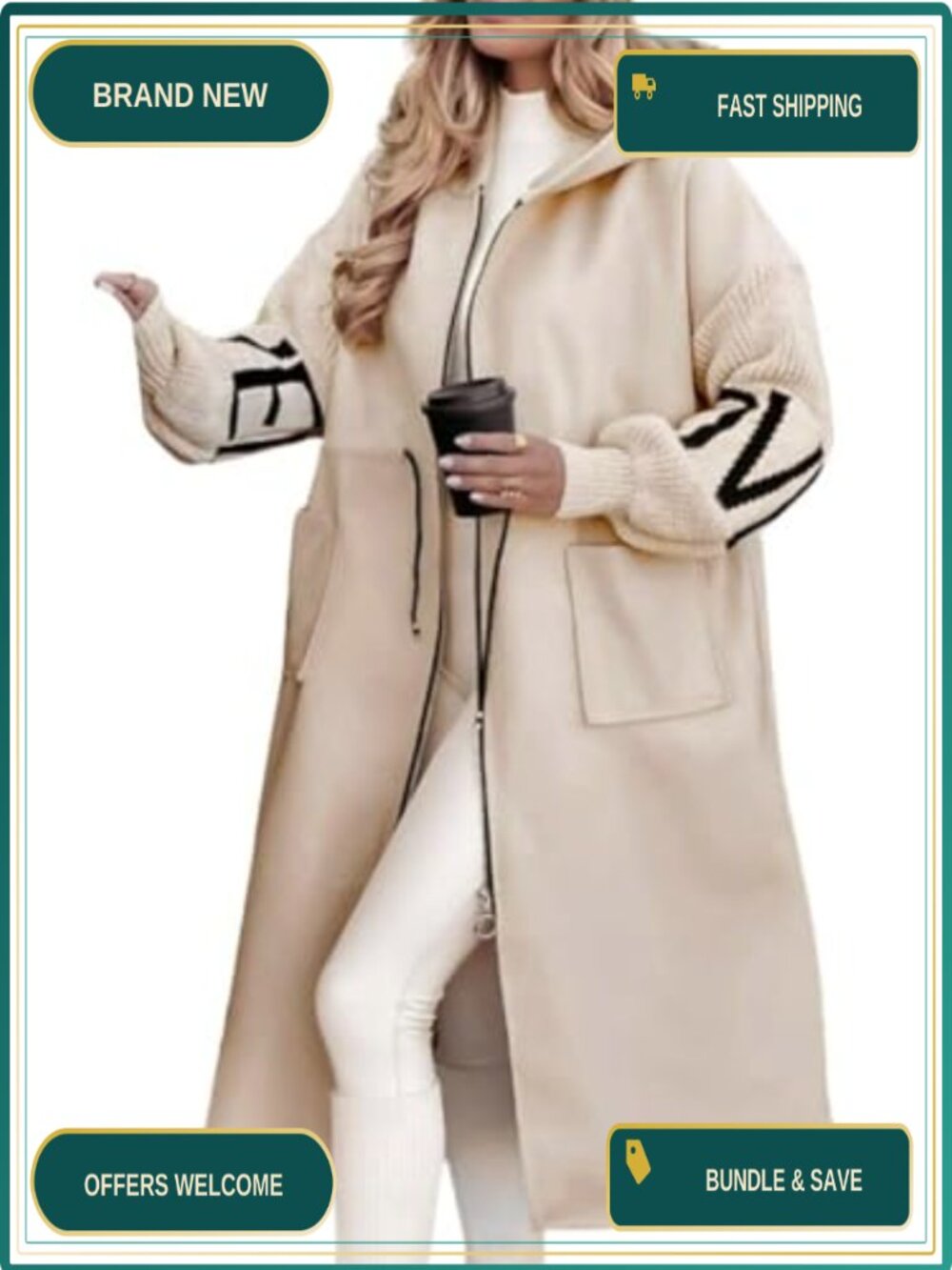 Wool Blend Trench Coat Zip Up Hooded Overcoat with Pockets